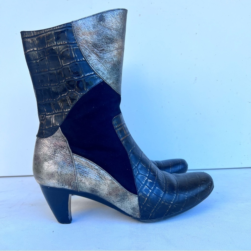 Elle Avant garde black mixed print mid calf boots